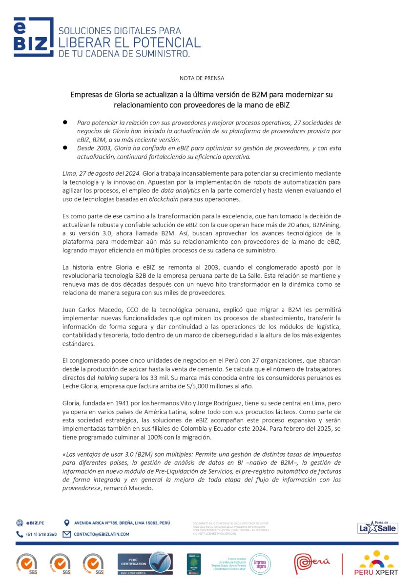 Empresas de Gloria se actualizan a última versión de B2M para modernizar su relacionamiento con proveedores de la mano de eBIZ